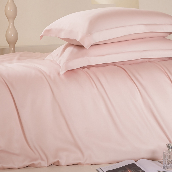 91家纺网 家纺一手货源 找家纺 涵宸家纺 2026新款纯色天丝棉四件套-场景二 玫瑰粉+时尚灰