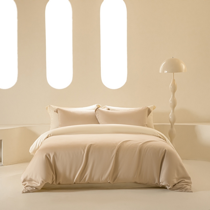 91家纺网 家纺一手货源 找家纺 涵宸家纺 2026新款纯色天丝棉四件套-场景二 奶茶杏+象牙白