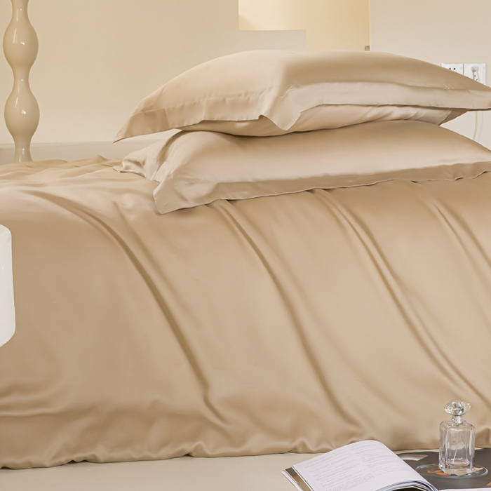 91家纺网 家纺一手货源 找家纺 涵宸家纺 2026新款纯色天丝棉四件套-场景二 奶茶杏+象牙白