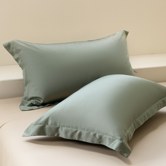 91家纺网 家纺一手货源 找家纺 涵宸家纺 2026新款纯色天丝棉四件套-场景二 赛琳绿+奶茶杏