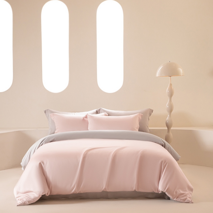 91家纺网 家纺一手货源 找家纺 涵宸家纺 2026新款纯色天丝棉单被套-场景二 玫瑰粉+时尚灰