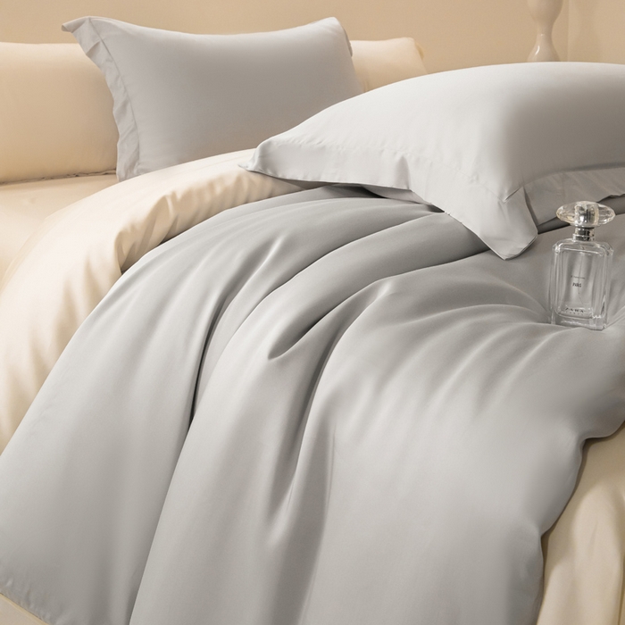 91家纺网 家纺一手货源 找家纺 涵宸家纺 2026新款纯色天丝棉四件套-场景二 时尚灰+象牙白