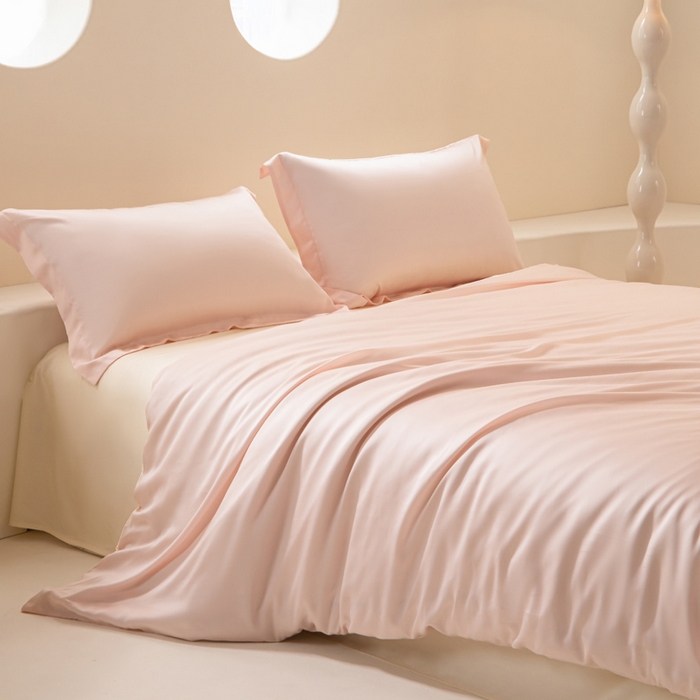 91家纺网 家纺一手货源 找家纺 涵宸家纺 2026新款纯色天丝棉单被套-场景二 玫瑰粉+象牙白