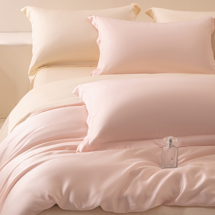 91家纺网 家纺一手货源 找家纺 涵宸家纺 2026新款纯色天丝棉单被套-场景二 玫瑰粉+象牙白