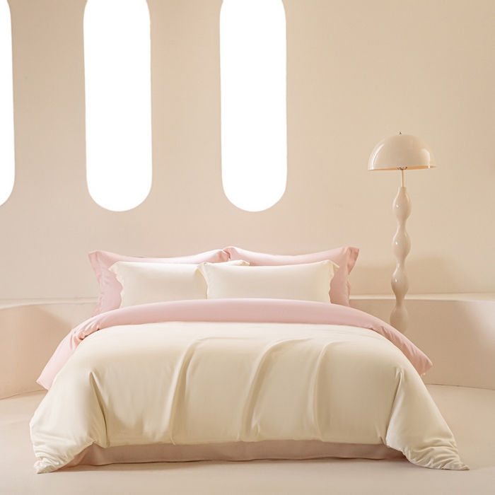 91家纺网 家纺一手货源 找家纺 涵宸家纺 2026新款纯色天丝棉四件套-场景二 象牙白+玫瑰粉
