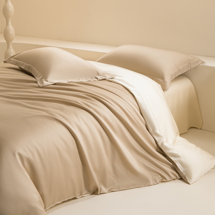 91家纺网 家纺一手货源 找家纺 涵宸家纺 2026新款纯色天丝棉单被套-场景二 奶茶杏+象牙白