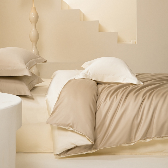 91家纺网 家纺一手货源 找家纺 涵宸家纺 2026新款纯色天丝棉单被套-场景二 奶茶杏+象牙白