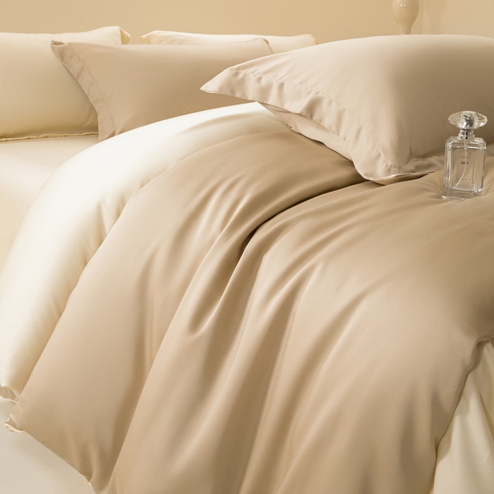 91家纺网 家纺一手货源 找家纺 涵宸家纺 2026新款纯色天丝棉单被套-场景二 奶茶杏+象牙白