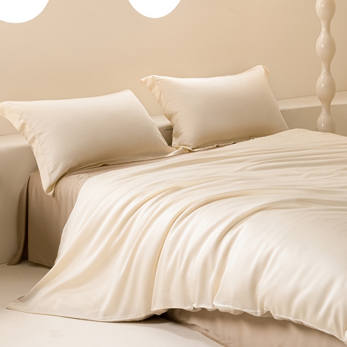 91家纺网 家纺一手货源 找家纺 涵宸家纺 2026新款纯色天丝棉四件套-场景二 象牙白+奶茶杏