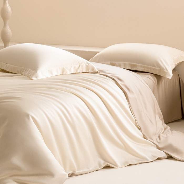 91家纺网 家纺一手货源 找家纺 涵宸家纺 2026新款纯色天丝棉四件套-场景二 象牙白+奶茶杏