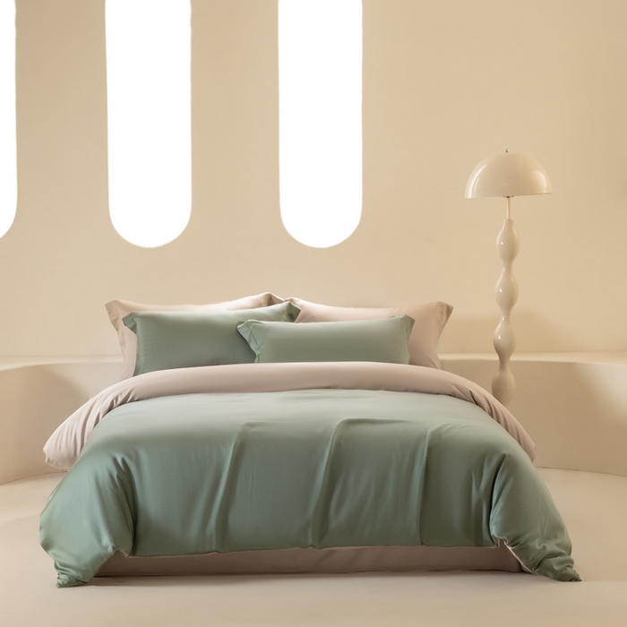 91家纺网 家纺一手货源 找家纺 涵宸家纺 2026新款纯色天丝棉单被套-场景二 赛琳绿+奶茶杏