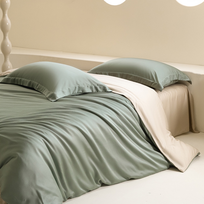 91家纺网 家纺一手货源 找家纺 涵宸家纺 2026新款纯色天丝棉单被套-场景二 赛琳绿+奶茶杏