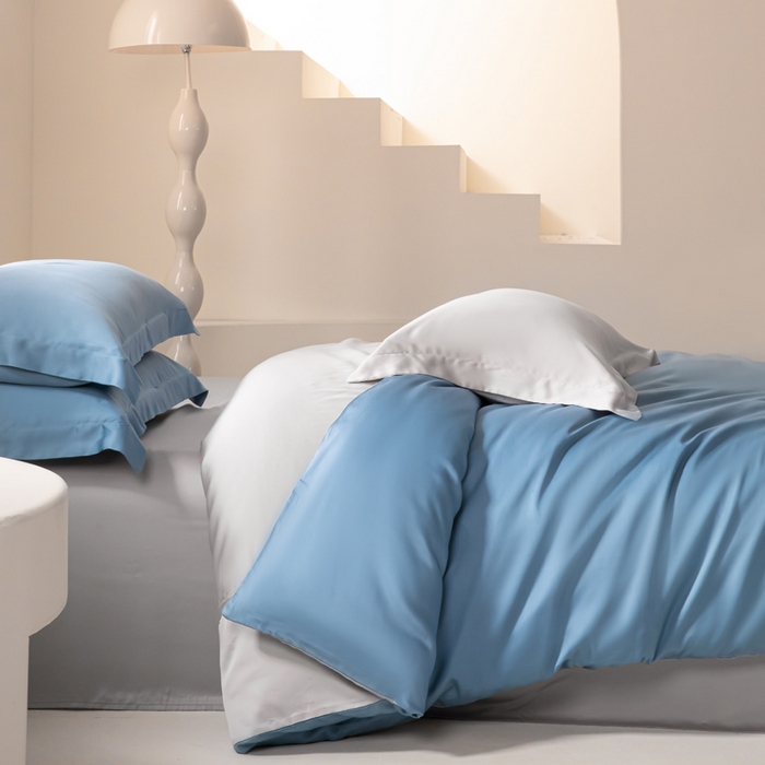 91家纺网 家纺一手货源 找家纺 涵宸家纺 2026新款纯色天丝棉四件套-场景二 星耀兰+时尚灰