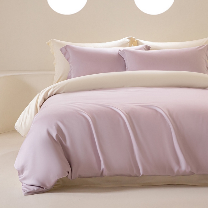 91家纺网 家纺一手货源 找家纺 涵宸家纺 2026新款纯色天丝棉四件套-场景二 紫语+象牙白