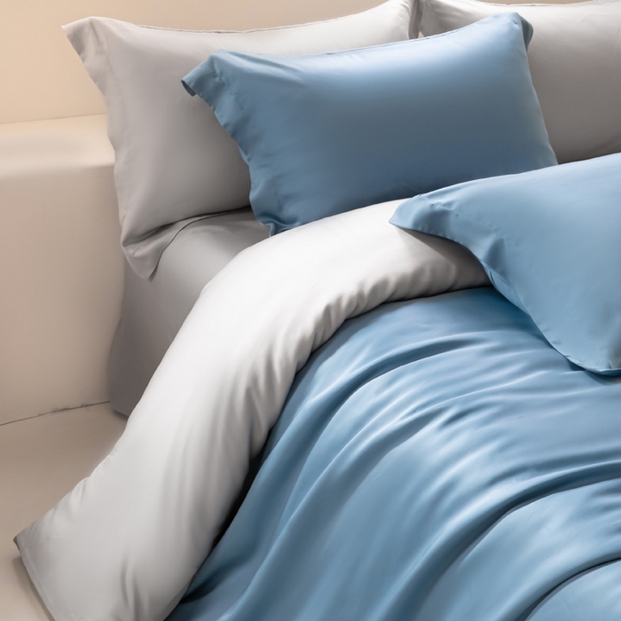 91家纺网 家纺一手货源 找家纺 涵宸家纺 2026新款纯色天丝棉单被套-场景二 星耀兰+时尚灰