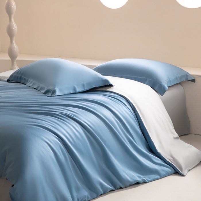 91家纺网 家纺一手货源 找家纺 涵宸家纺 2026新款纯色天丝棉单被套-场景二 星耀兰+时尚灰