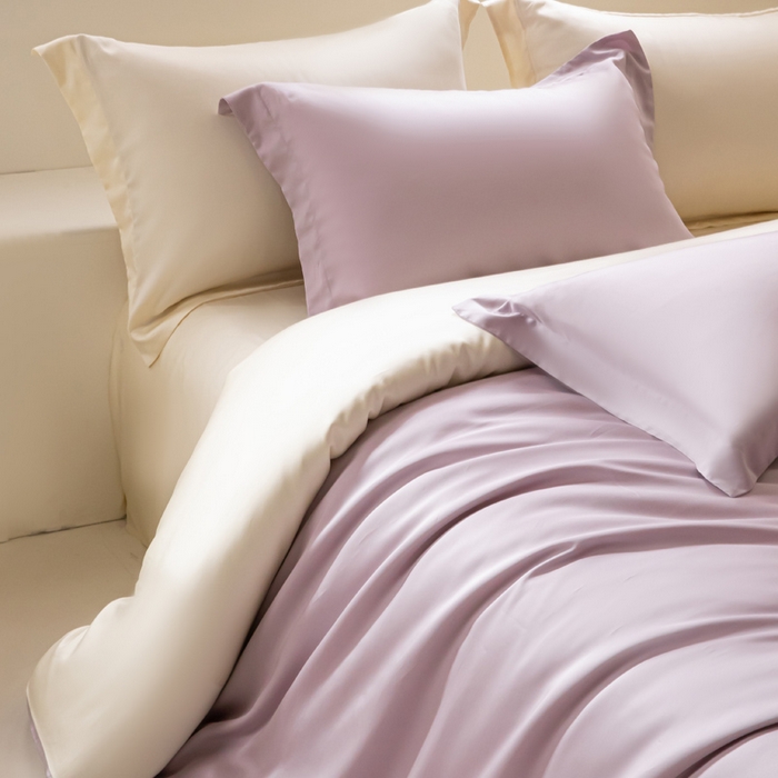 91家纺网 家纺一手货源 找家纺 涵宸家纺 2026新款纯色天丝棉单被套-场景二 紫语+象牙白