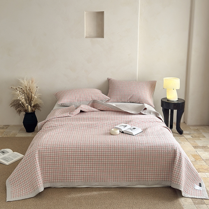 法芙娜家纺 2026新款双面全棉色织水洗棉床盖 粉格