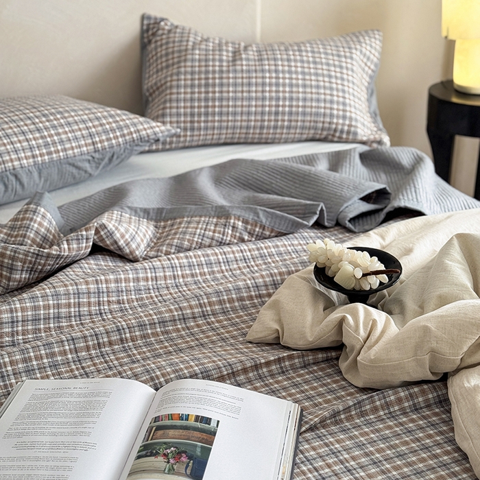 91家纺网 家纺一手货源 找家纺 法芙娜家纺 2026新款双面全棉色织水洗棉床盖 花格