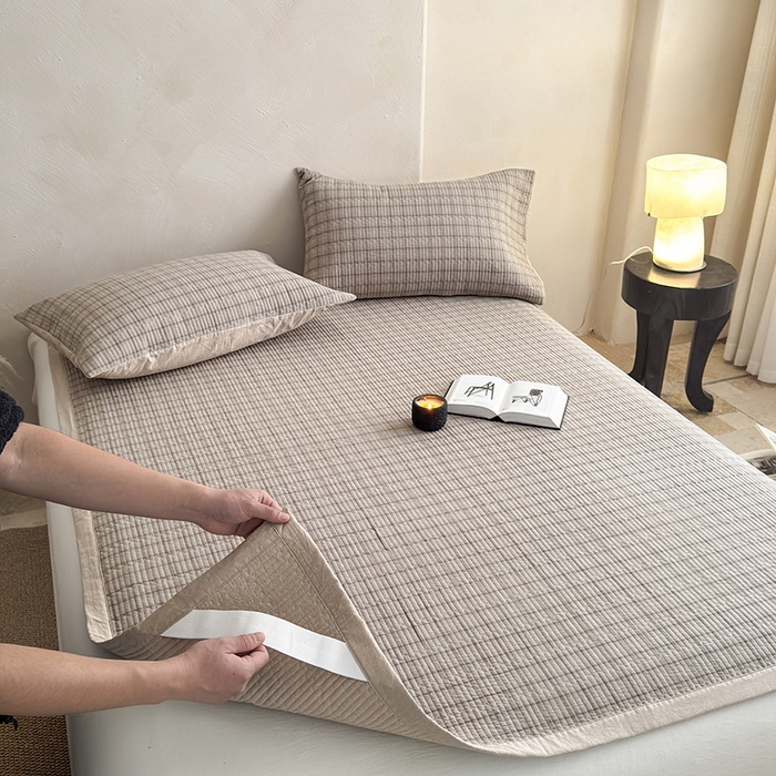 91家纺网 家纺一手货源 找家纺 法芙娜家纺 2026新款双面全棉色织水洗棉床盖 灰格