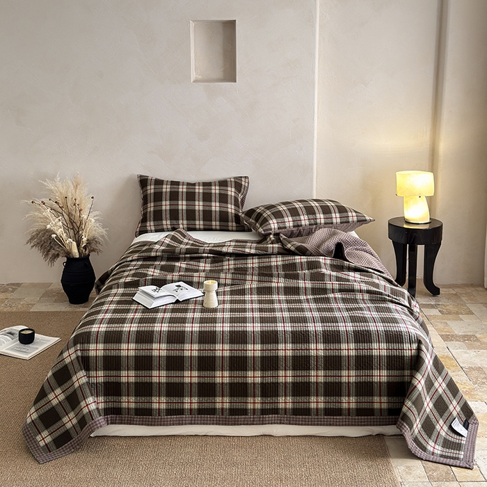 法芙娜家纺 2026新款双面全棉色织水洗棉床盖 咖格