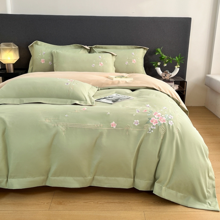 91家纺网 家纺一手货源 找家纺 青柚 2026新款轻奢刺绣国风四件套-争妍 争妍-草绿