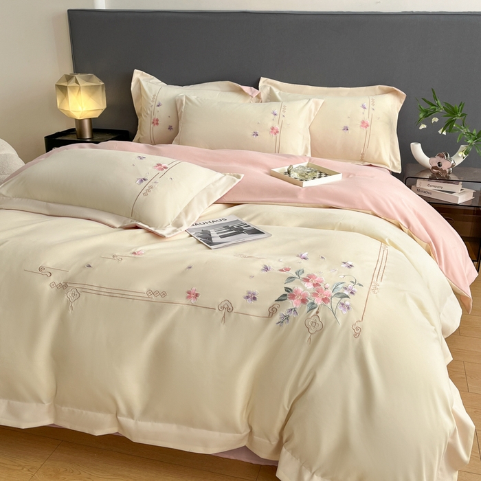 91家纺网 家纺一手货源 找家纺 青柚 2026新款轻奢刺绣国风四件套-争妍 争妍-白粉