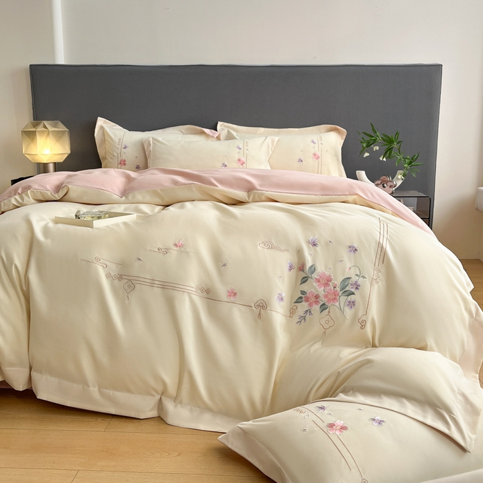 91家纺网 家纺一手货源 找家纺 青柚 2026新款轻奢刺绣国风四件套-争妍 争妍-白粉