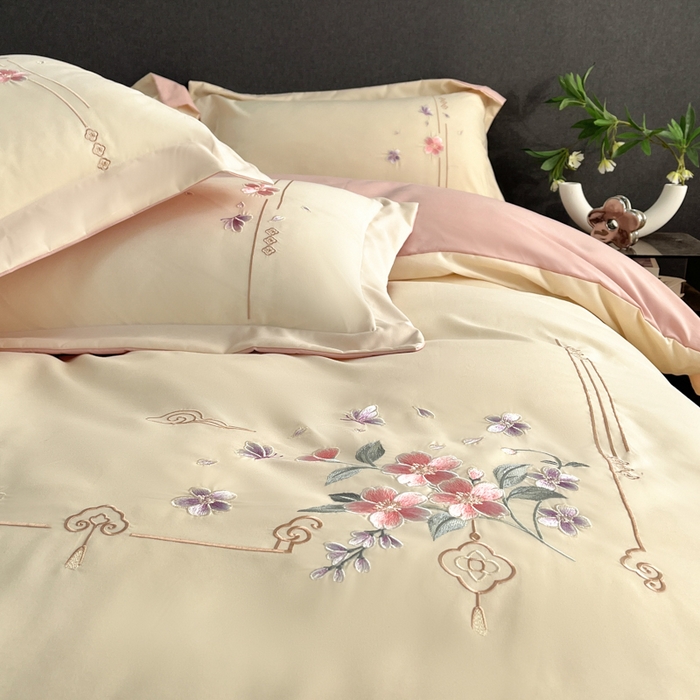 91家纺网 家纺一手货源 找家纺 青柚 2026新款轻奢刺绣国风四件套-争妍 争妍-白粉