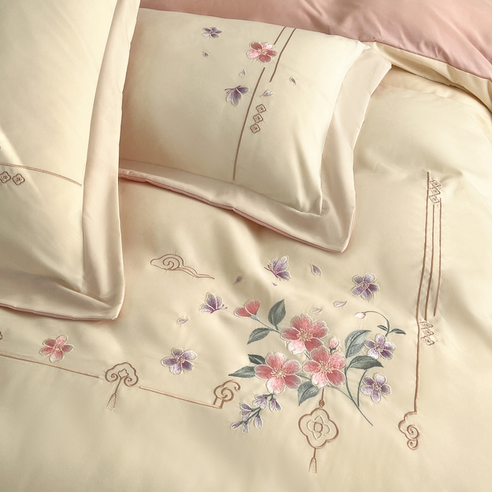 91家纺网 家纺一手货源 找家纺 青柚 2026新款轻奢刺绣国风四件套-争妍 争妍-白粉