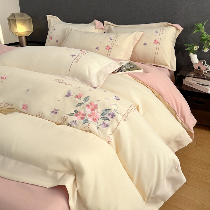 91家纺网 家纺一手货源 找家纺 青柚 2026新款轻奢刺绣国风四件套-争妍 争妍-白粉