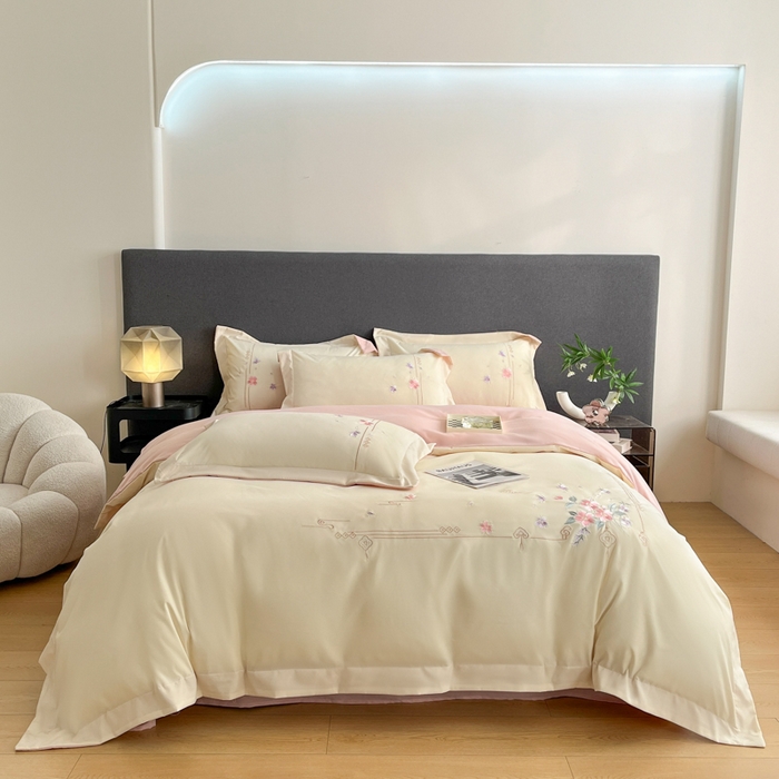 91家纺网 家纺一手货源 找家纺 青柚 2026新款轻奢刺绣国风四件套-争妍 争妍-白粉