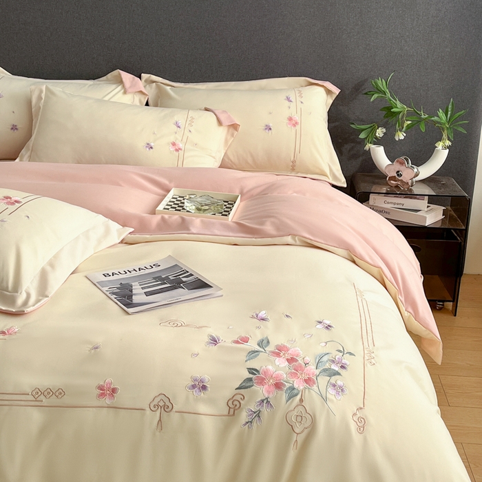 91家纺网 家纺一手货源 找家纺 青柚 2026新款轻奢刺绣国风四件套-争妍 争妍-白粉