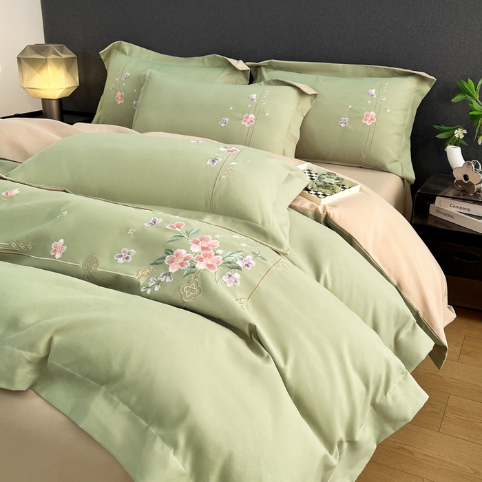 91家纺网 家纺一手货源 找家纺 青柚 2026新款轻奢刺绣国风四件套-争妍 争妍-草绿