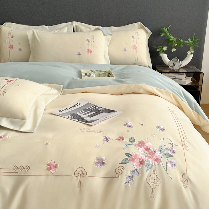 91家纺网 家纺一手货源 找家纺 青柚 2026新款轻奢刺绣国风四件套-争妍 争妍-白兰