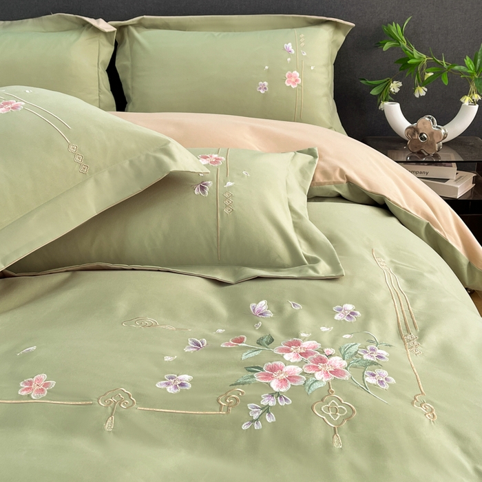 91家纺网 家纺一手货源 找家纺 青柚 2026新款轻奢刺绣国风四件套-争妍 争妍-草绿