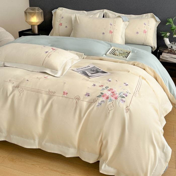 91家纺网 家纺一手货源 找家纺 青柚 2026新款轻奢刺绣国风四件套-争妍 争妍-白兰