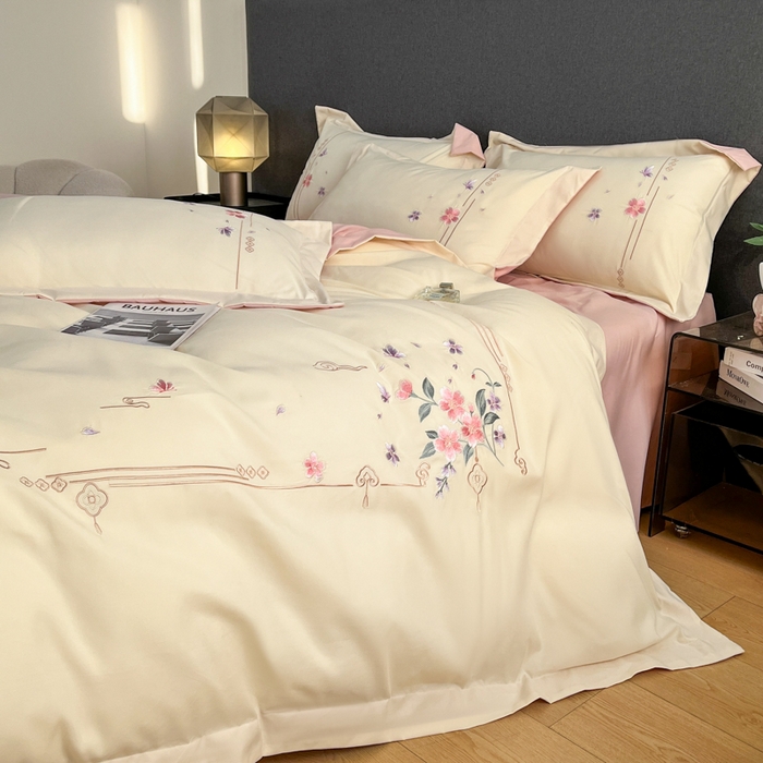 91家纺网 家纺一手货源 找家纺 青柚 2026新款轻奢刺绣国风四件套-争妍 争妍-白粉