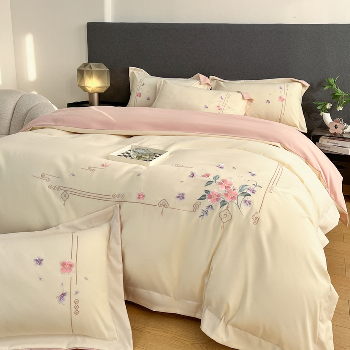 91家纺网 家纺一手货源 找家纺 青柚 2026新款轻奢刺绣国风四件套-争妍 争妍-白粉