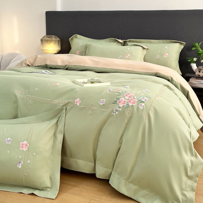 91家纺网 家纺一手货源 找家纺 青柚 2026新款轻奢刺绣国风四件套-争妍 争妍-草绿