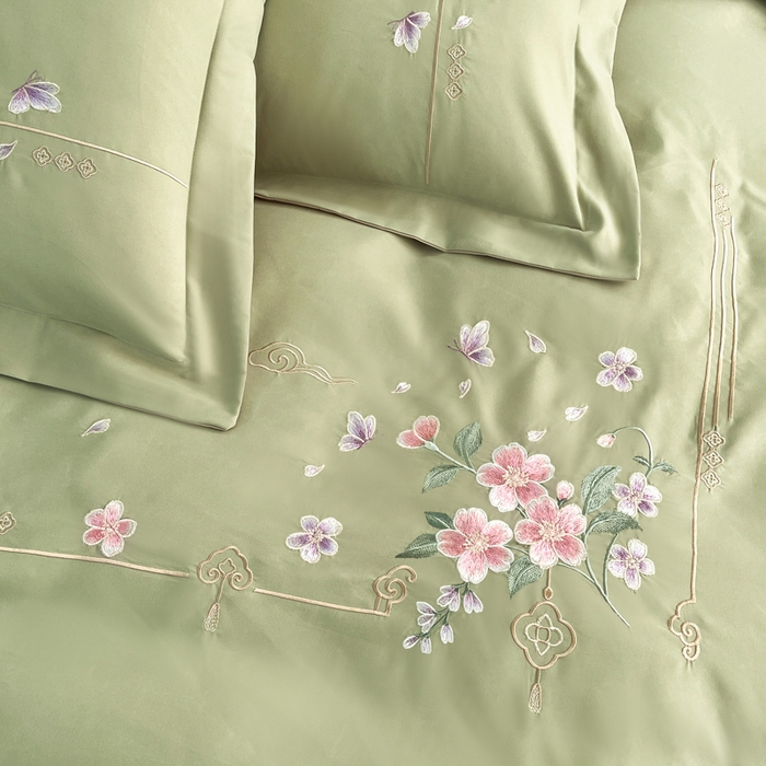 91家纺网 家纺一手货源 找家纺 青柚 2026新款轻奢刺绣国风四件套-争妍 争妍-草绿