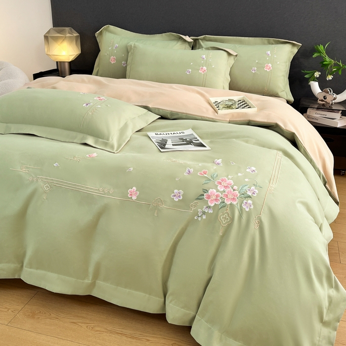 91家纺网 家纺一手货源 找家纺 青柚 2026新款轻奢刺绣国风四件套-争妍 争妍-草绿