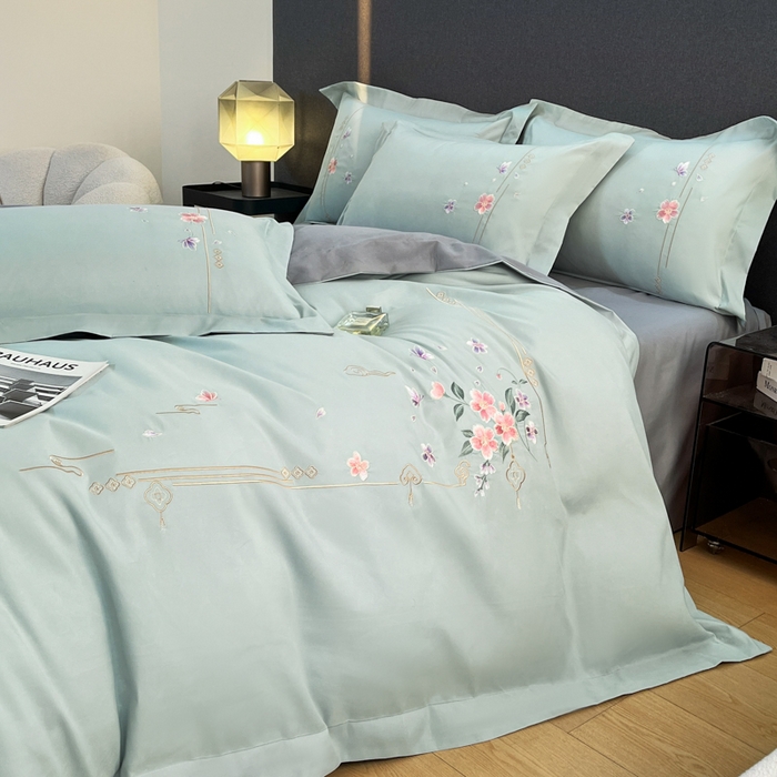 91家纺网 家纺一手货源 找家纺 青柚 2026新款轻奢刺绣国风四件套-争妍 争妍-飘蓝