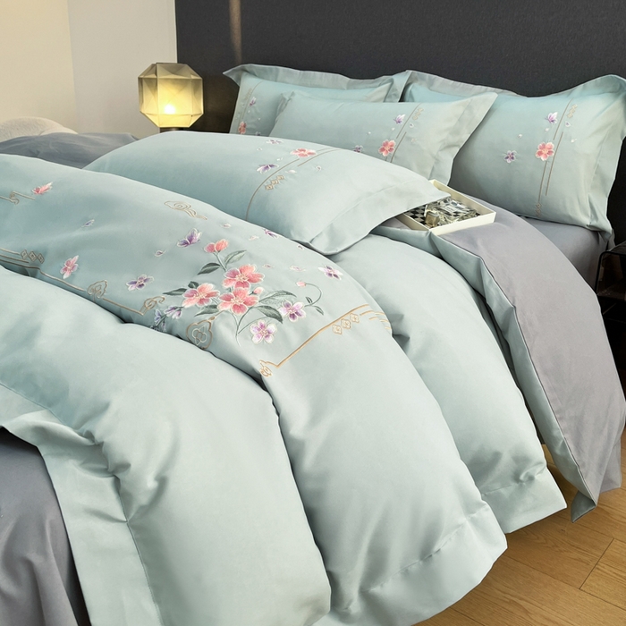 91家纺网 家纺一手货源 找家纺 青柚 2026新款轻奢刺绣国风四件套-争妍 争妍-飘蓝