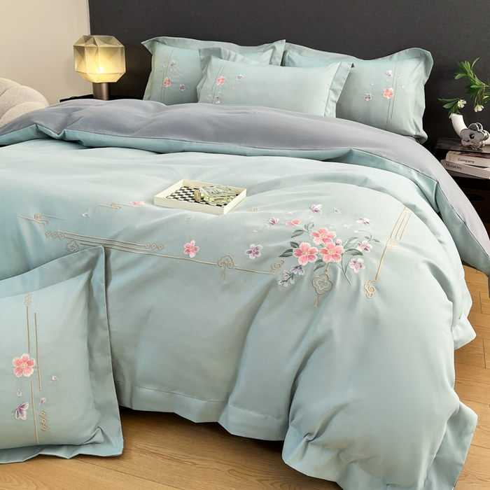 91家纺网 家纺一手货源 找家纺 青柚 2026新款轻奢刺绣国风四件套-争妍 争妍-飘蓝