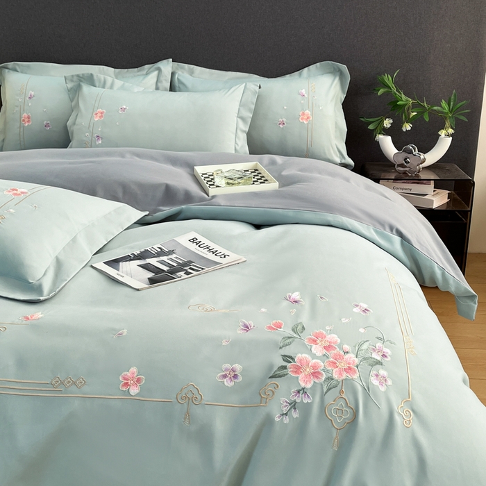 91家纺网 家纺一手货源 找家纺 青柚 2026新款轻奢刺绣国风四件套-争妍 争妍-飘蓝