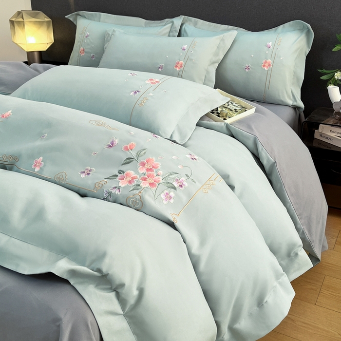 91家纺网 家纺一手货源 找家纺 青柚 2026新款轻奢刺绣国风四件套-争妍 争妍-飘蓝