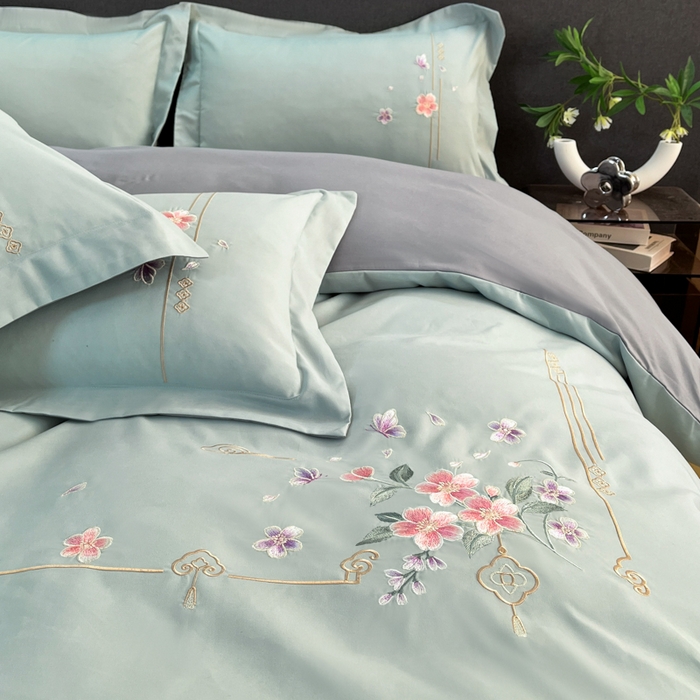 91家纺网 家纺一手货源 找家纺 青柚 2026新款轻奢刺绣国风四件套-争妍 争妍-飘蓝