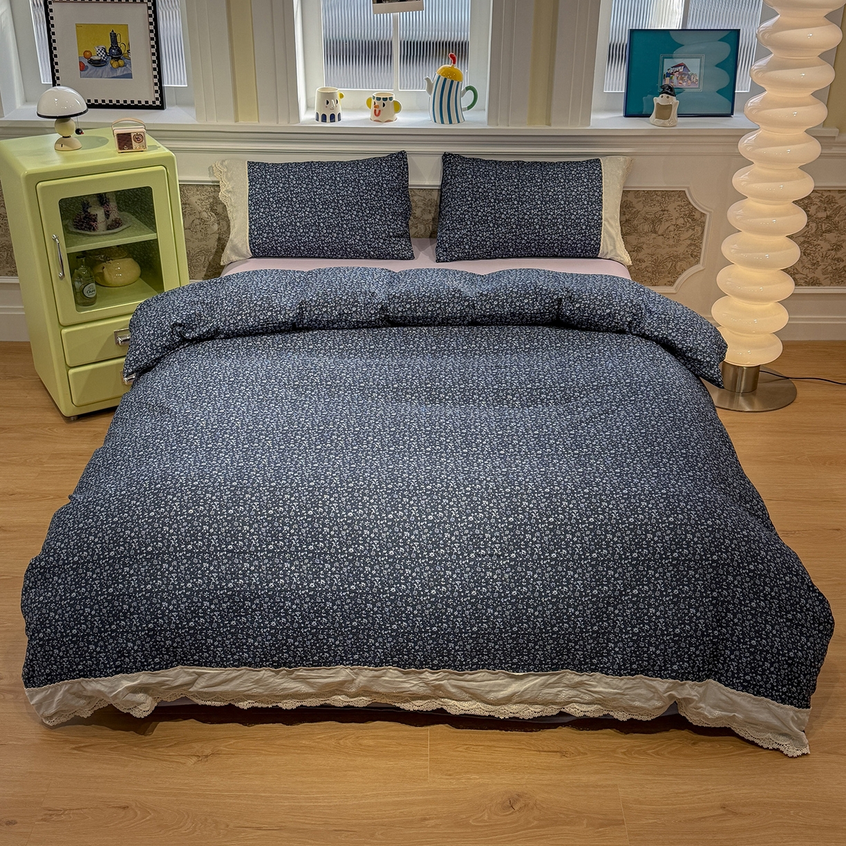 91家纺网 家纺一手货源 找家纺 （总）盼季家纺 2026新款舒适皱皱纱印花蕾丝花边四件套