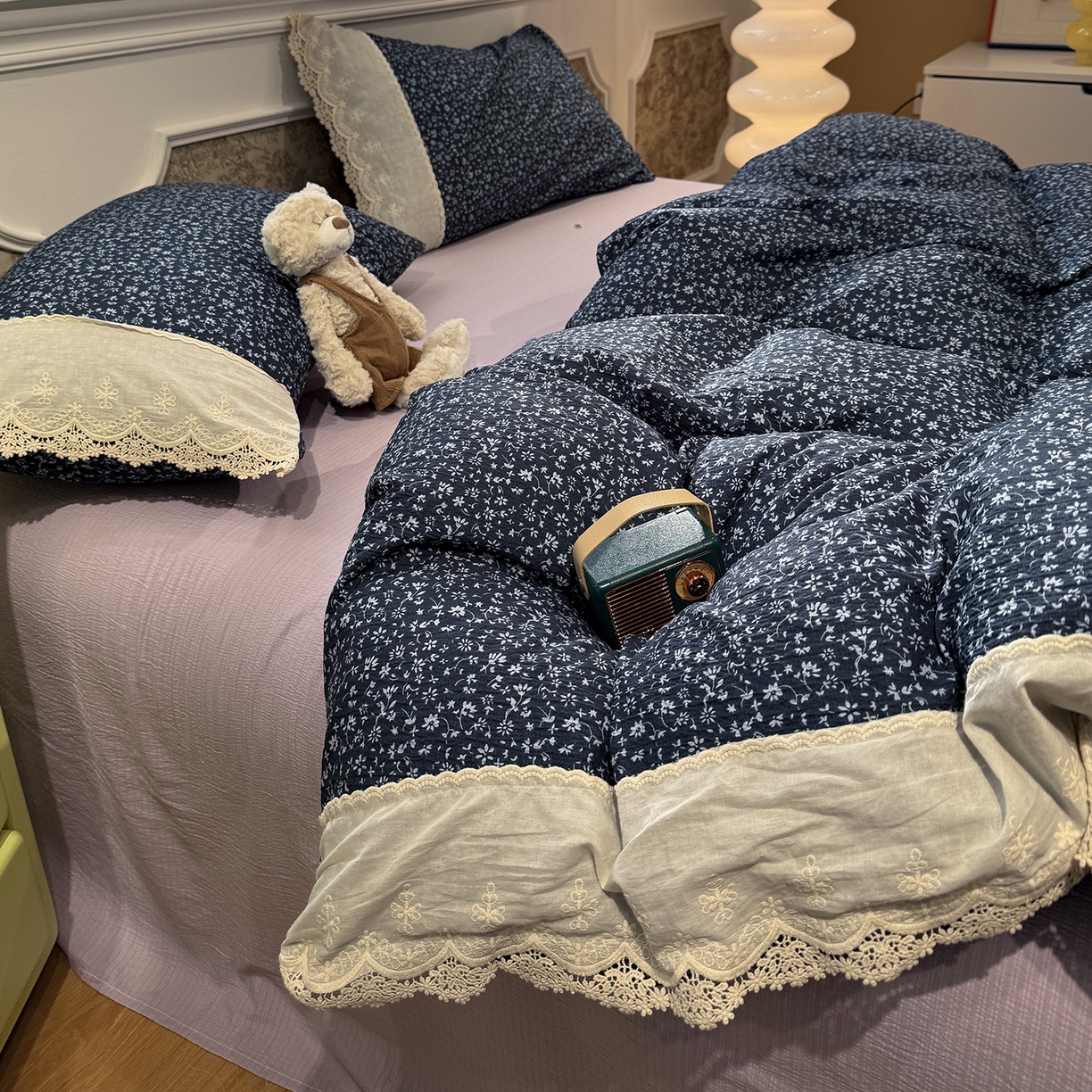 91家纺网 家纺一手货源 找家纺 （总）盼季家纺 2026新款舒适皱皱纱印花蕾丝花边四件套